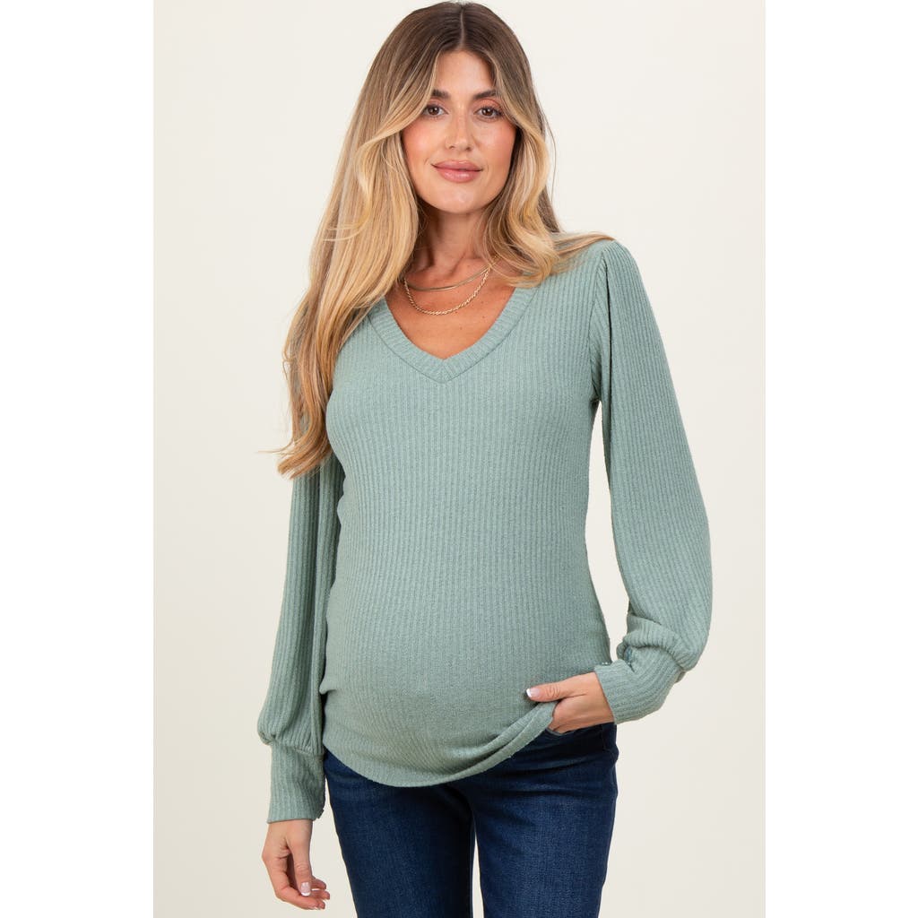 Pinkblush Ribbed Knit V-neck Button Cuff Top In Green