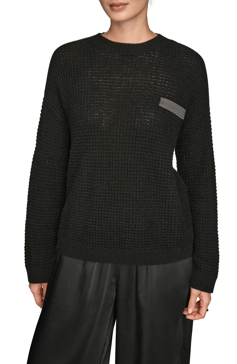 Donna Karan New York Waffle Stitch Wool & Cashmere Sweater, Main, color, Black/ Silver