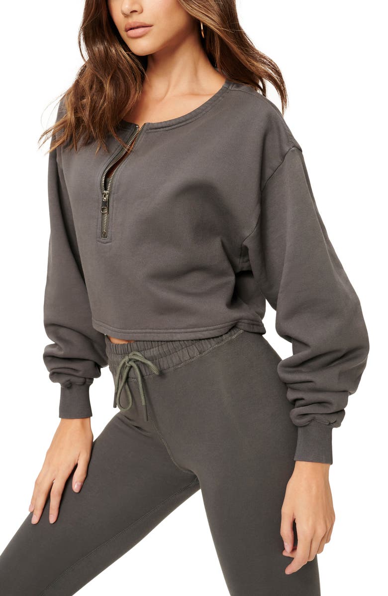 Good American Collarless Half Zip Sweatshirt, Alternate, color, Shadow001