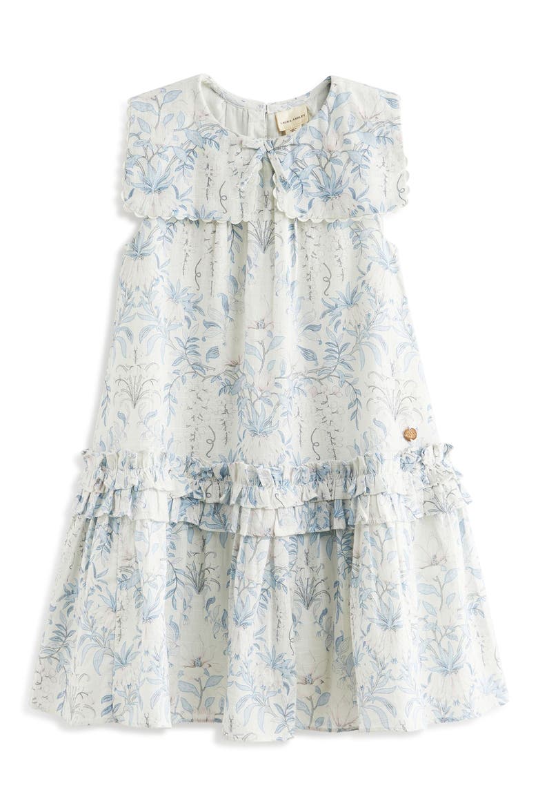 Floral Sleeveless Scallop Collar Cotton Dress, Main, color, WHITE/ BLUE