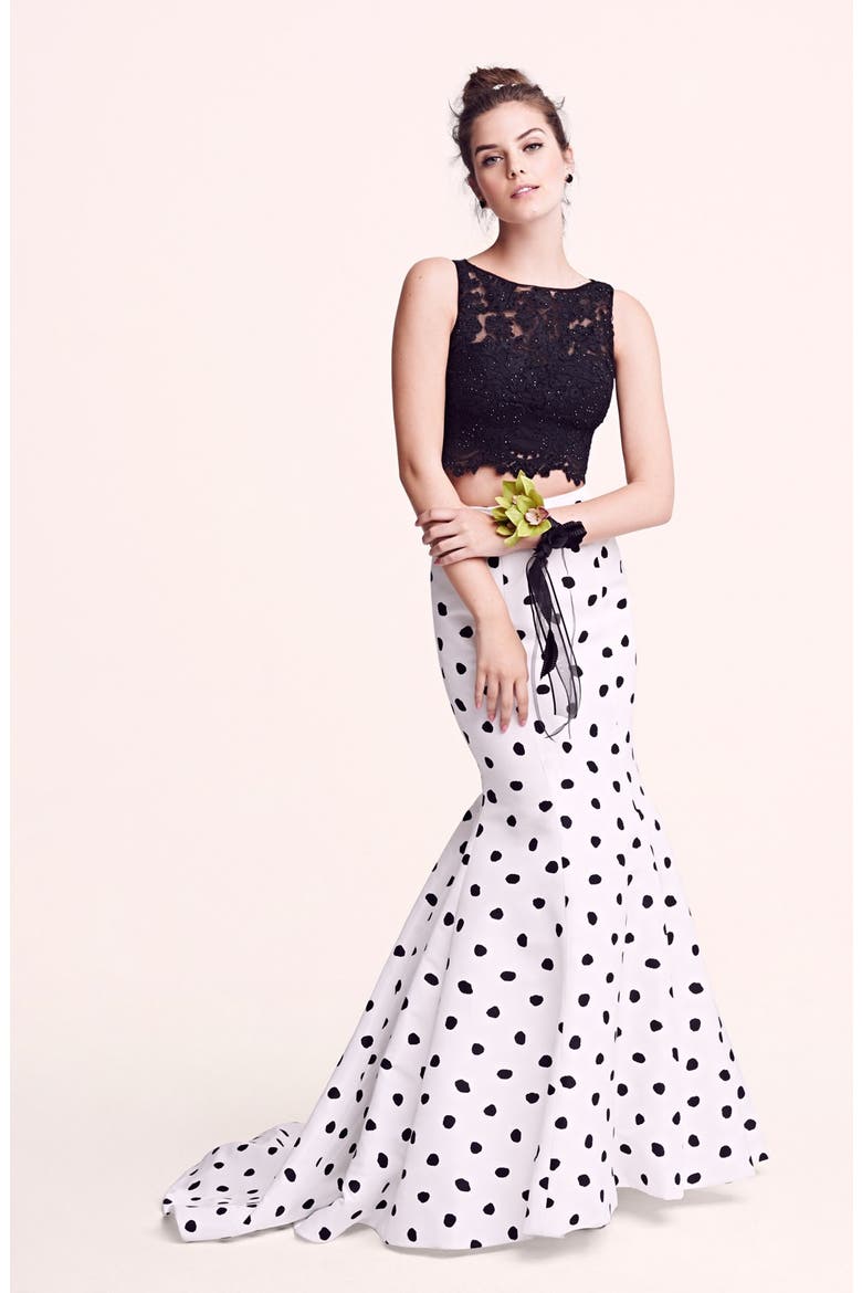 Embellished Lace Crop Tank & Dotted Mermaid Skirt, Alternate, color, IVORY/ BLACK