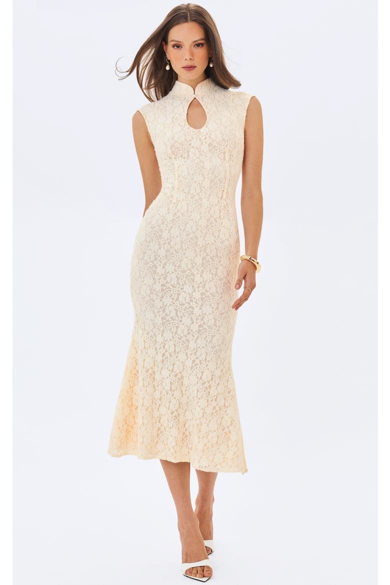Garcelle Brushed Lace Keyhole Mermaid Midi Dress, Main, color, Cream