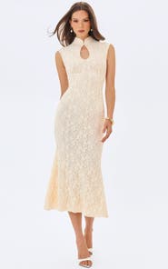 Miss Circle Garcelle Brushed Lace Keyhole Mermaid Midi Dress
