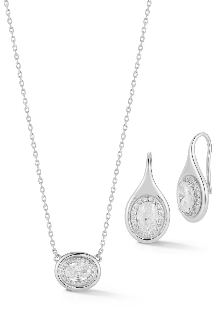 Cubic Zirconia Oval Pendant Necklace & Drop Earrings Set, Main, color, SILVER