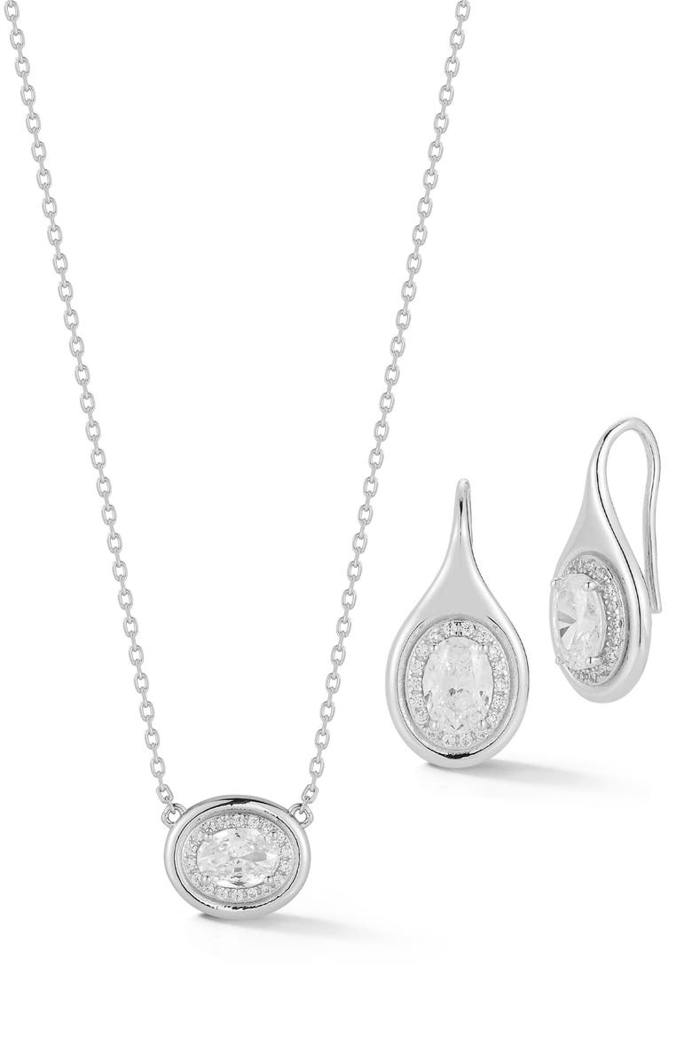 GLAZE JEWELRY Cubic Zirconia Oval Pendant Necklace & Drop Earrings Set, Main, color, Silver