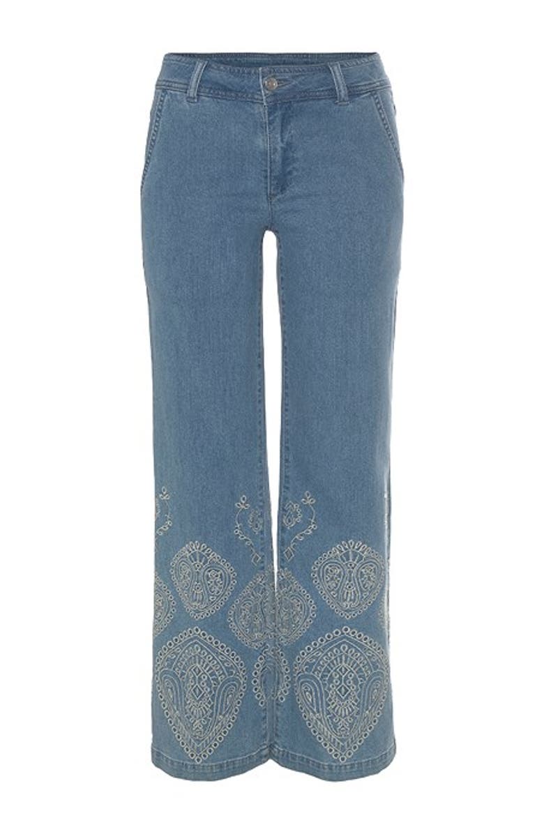LASCANA Women's Embroidered Wide Leg Jeans, Alternate, color, Denim Blue Printed