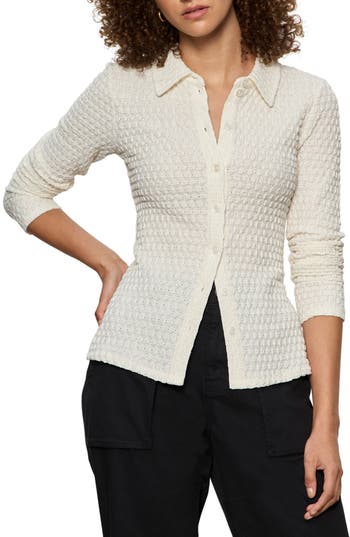 Sanctuary Dreamer Textured Bubble Knit Button-up Shirt In White