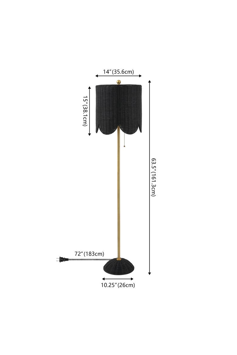 Joel Scallop Shade Rattan/Metal LED Floor Lamp with Pull Chain, Alternate, color, Black/Brass Gold