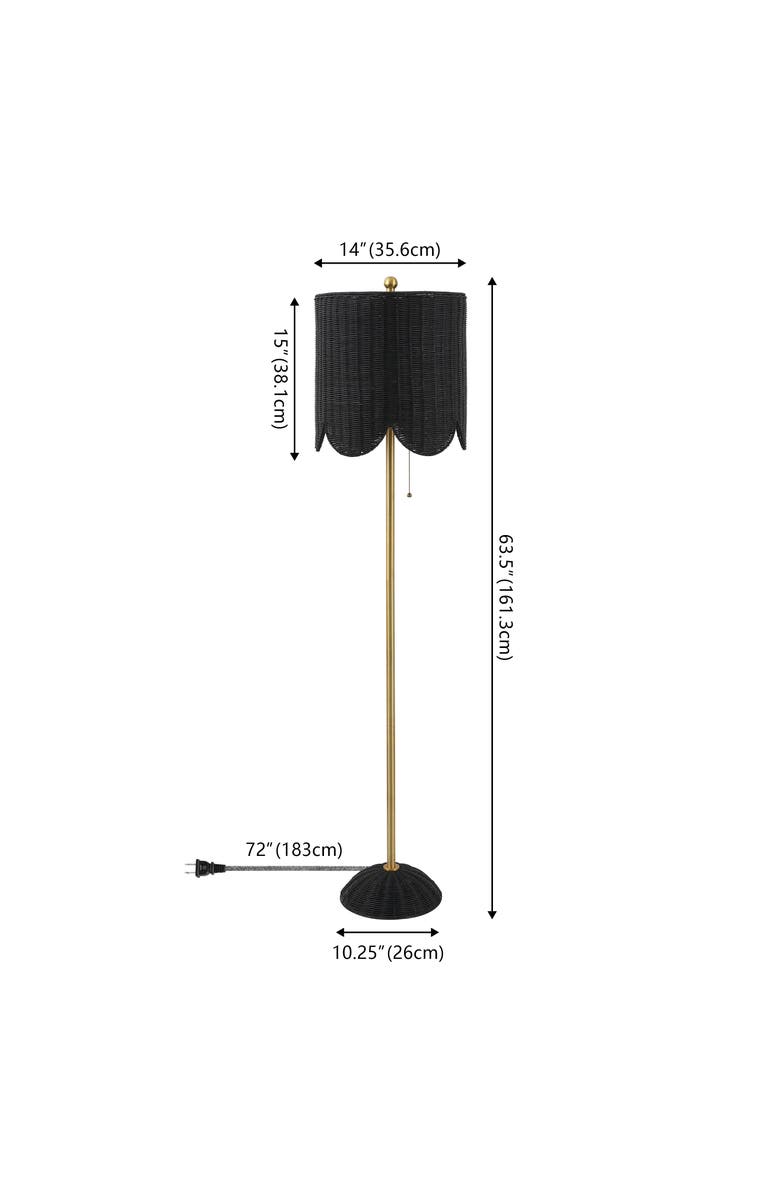 JONATHAN Y Joel Scallop Shade Rattan/Metal LED Floor Lamp with Pull Chain, Alternate, color, Black/Brass Gold
