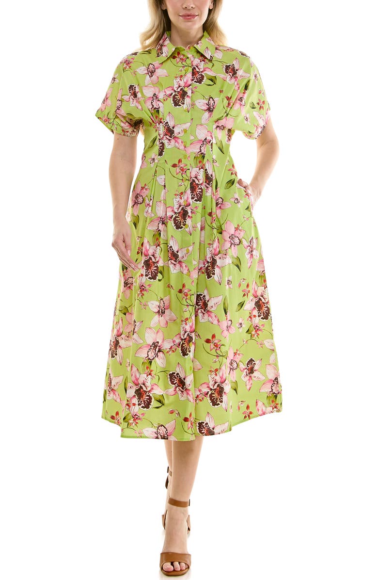 Nicole Miller Pintuck Waist Midi Shirtdress, Alternate, color, Orchid Allover Lime