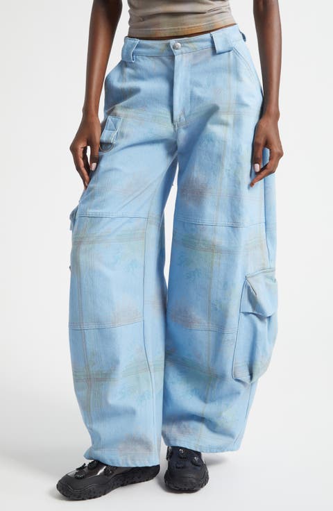 Lawn Floral Plaid Cargo Jeans (Denim Picnic)