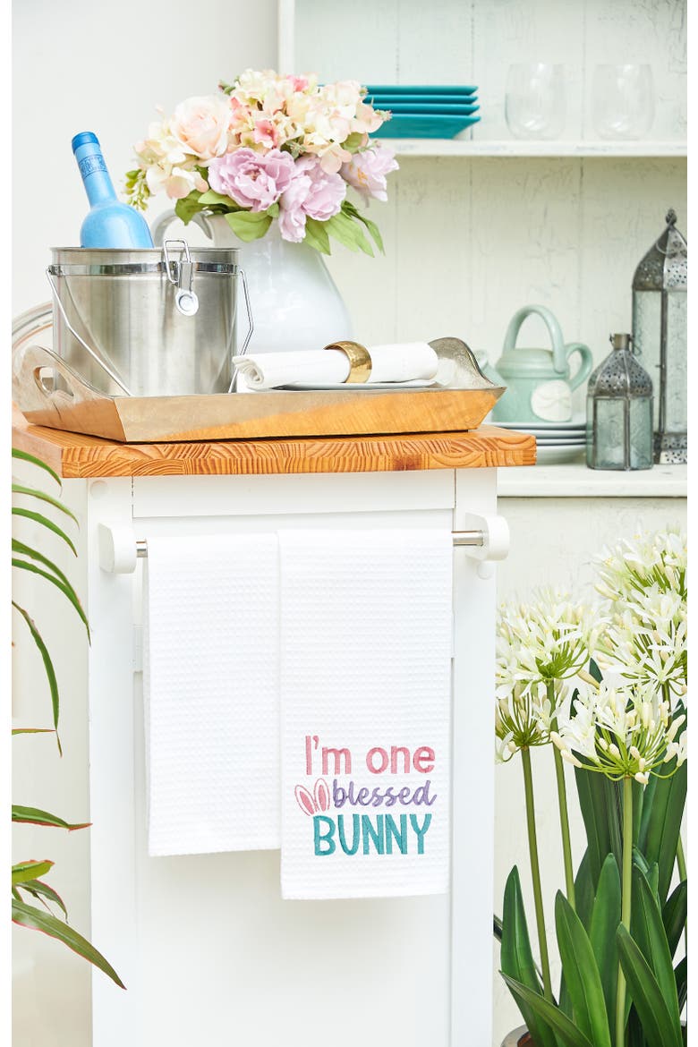 "I'm One Blessed Bunny" Easter Rabbit Embroidered Cotton Waffle Weave Kitchen Dishtowel, Alternate, color, White