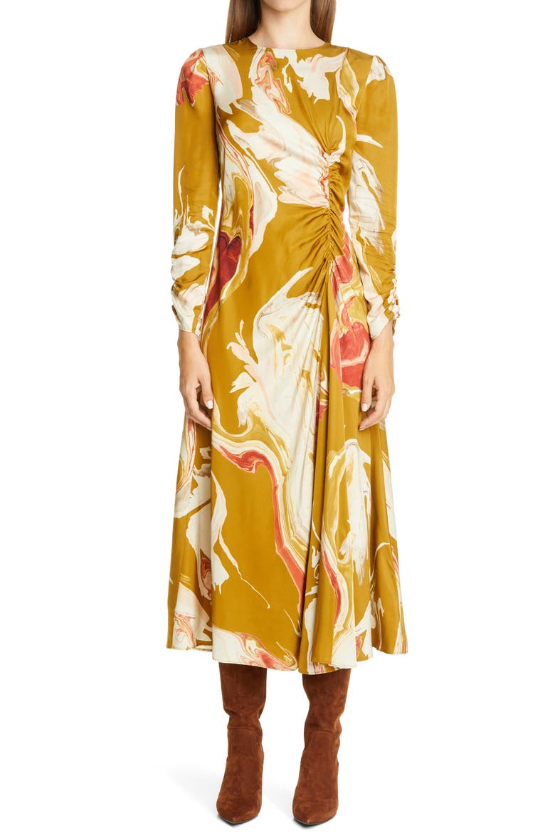 Astrid Ruched Long Sleeve Midi Dress, Main, color, GOLDENROD MULTI