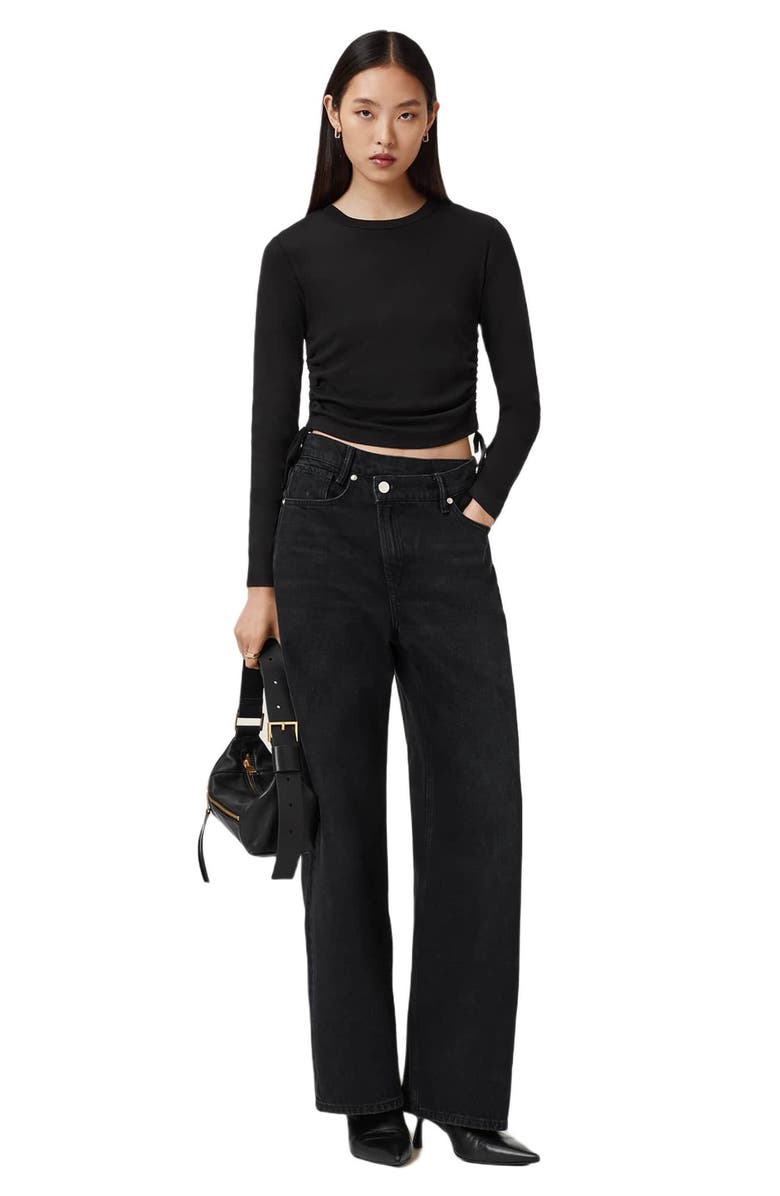 AllSaints Sonny Side Ruched Cotton Top, Alternate, color, Black