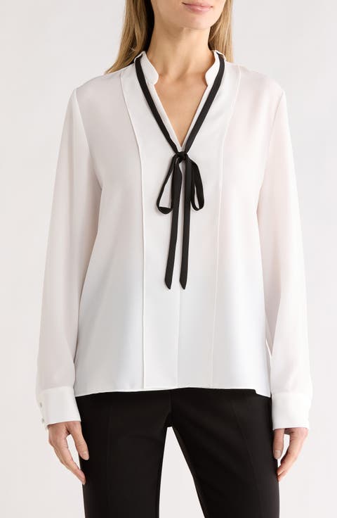 Contrast Tie V-Neck Long Sleeve Top