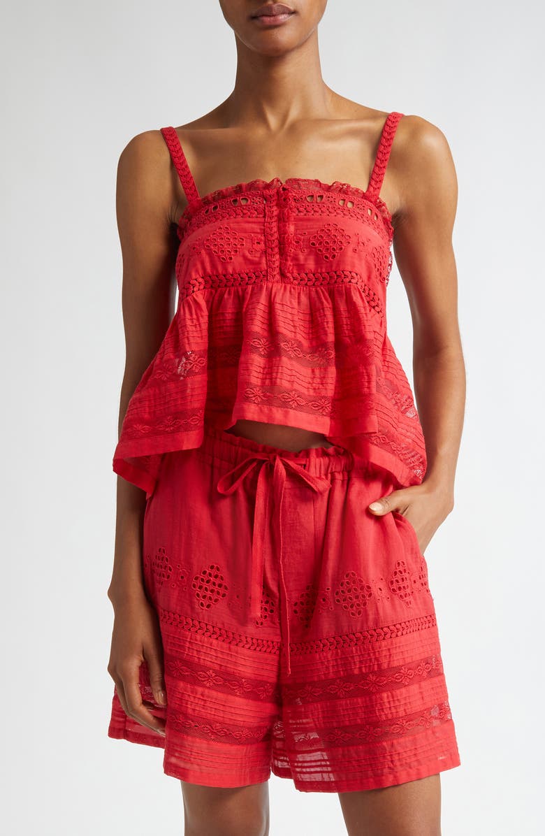 Isabel Marant Étoile Denys Embroidered Eyelet Cotton Peplum Camisole, Main, color, Red