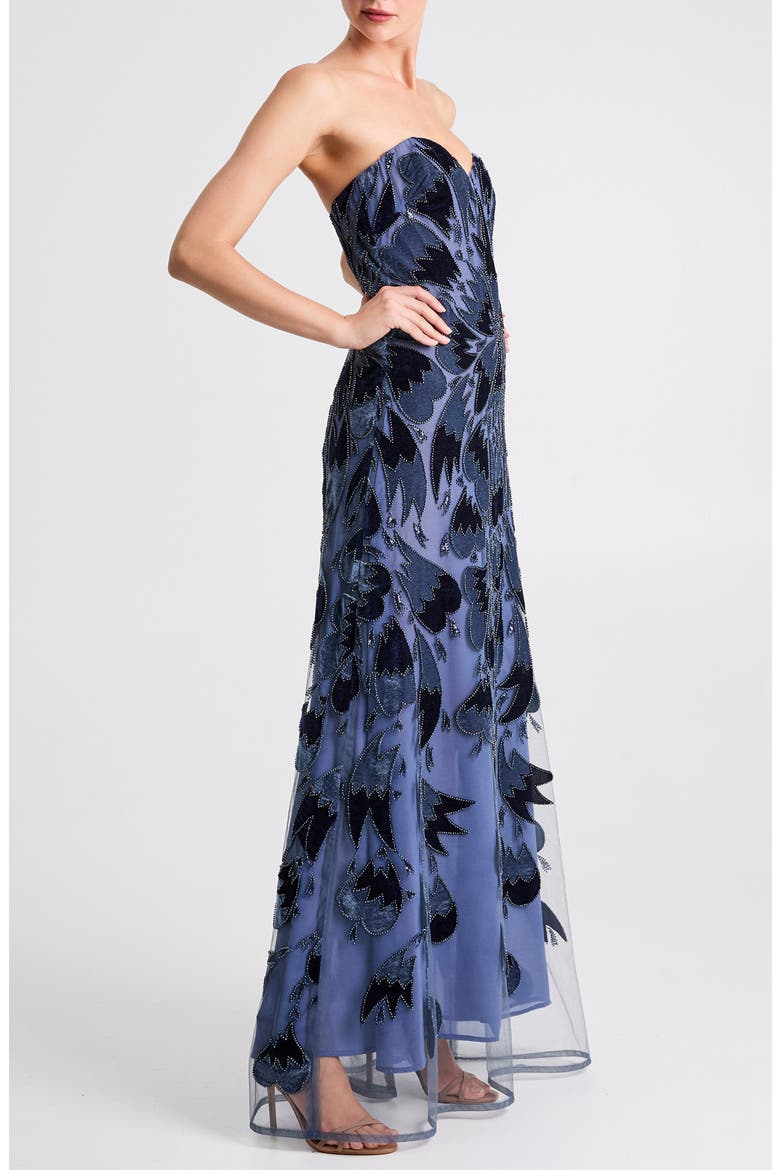 Sasha Velvet Trim Strapless Gown, Alternate, color, DENIM BLUE