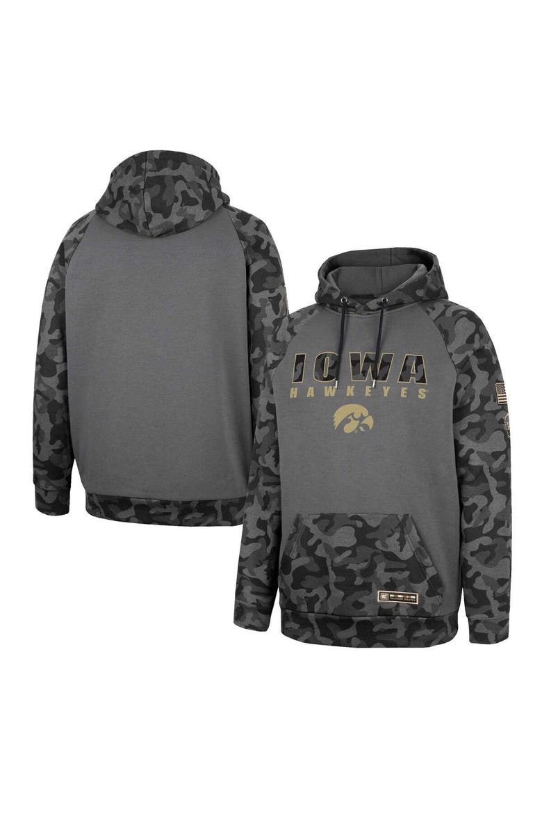 Men's Colosseum Charcoal Iowa Hawkeyes OHT Military Appreciation Camo Stack Raglan Pullover Hoodie, Main, color, Charcoal
