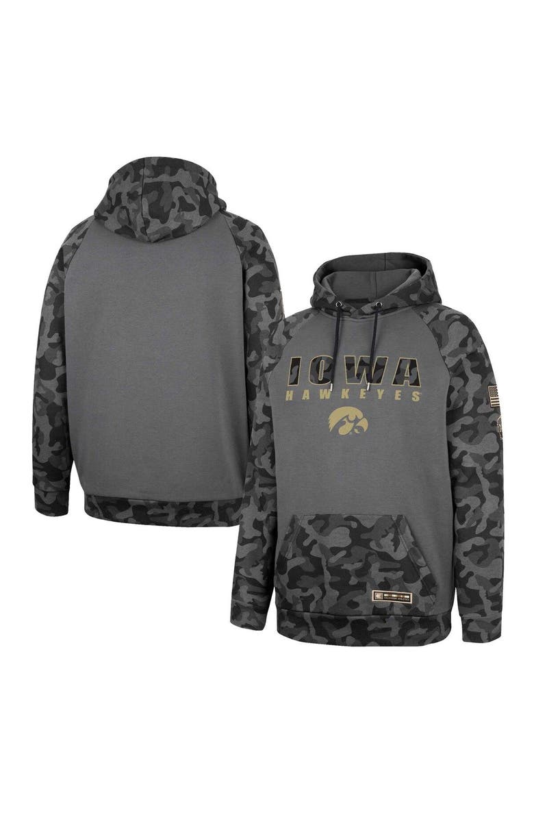 COLOSSEUM Men's Colosseum Charcoal Iowa Hawkeyes OHT Military Appreciation Camo Stack Raglan Pullover Hoodie, Main, color, Charcoal