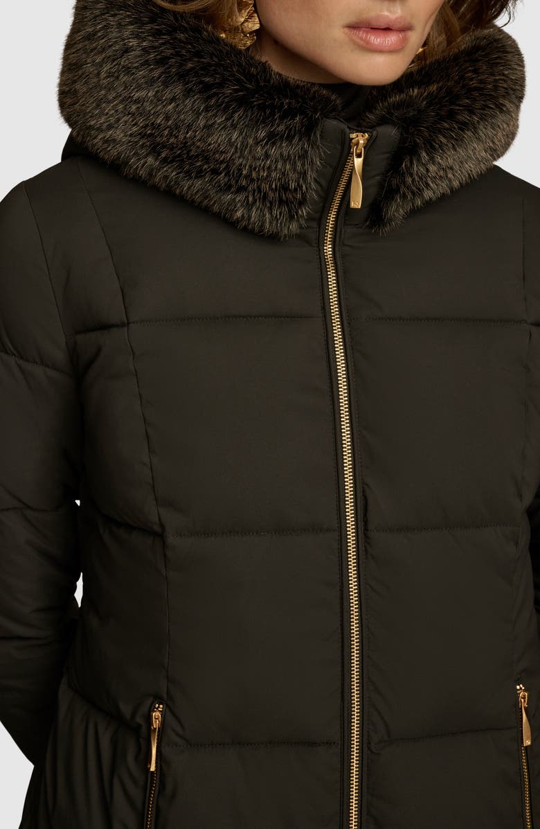 Donna Karan New York Long Hooded Puffer Coat with Faux Fur Trim, Alternate, color, 