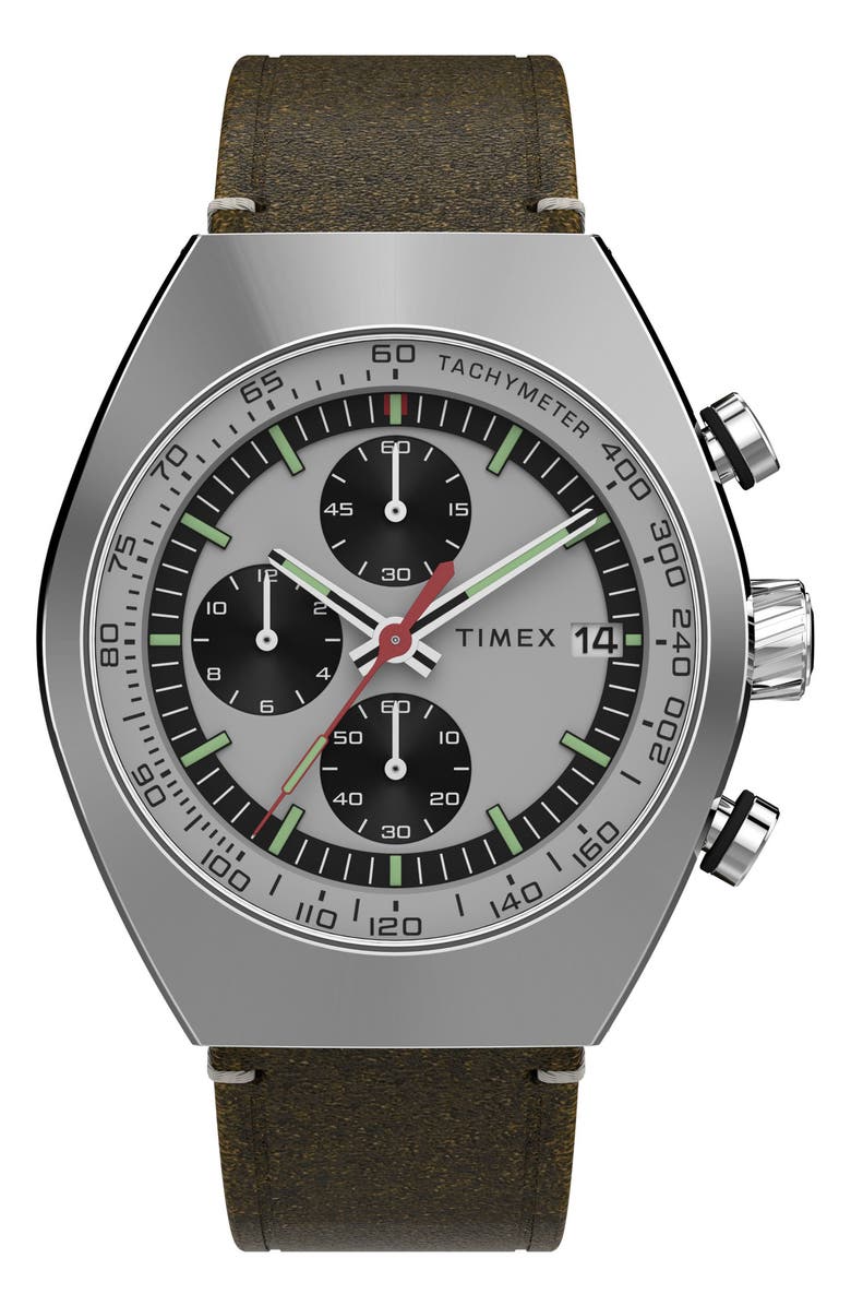 Timex<sup>®</sup> Legacy Tonneau Chronograph Leather Strap Watch, 42mm, Main, color, 