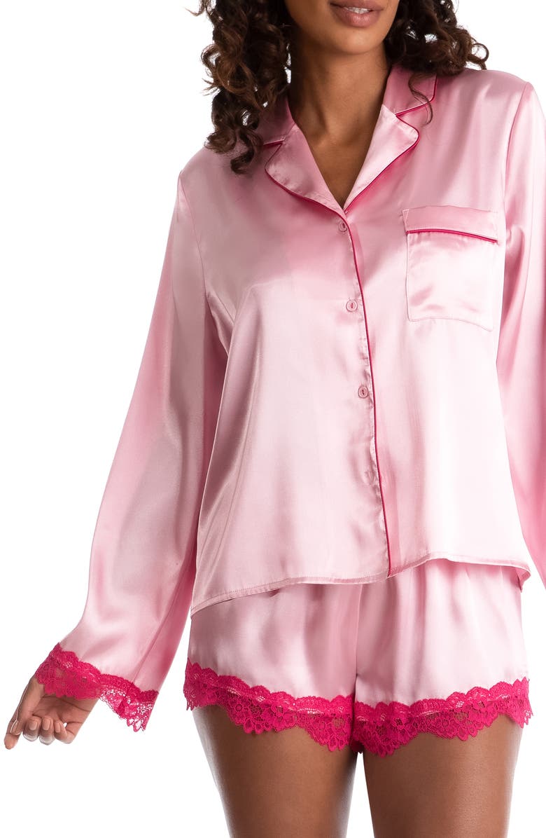 In Bloom by Jonquil Felicity Lace Trim Long Sleeve Satin Shorts Pajamas, Alternate, color, Pink
