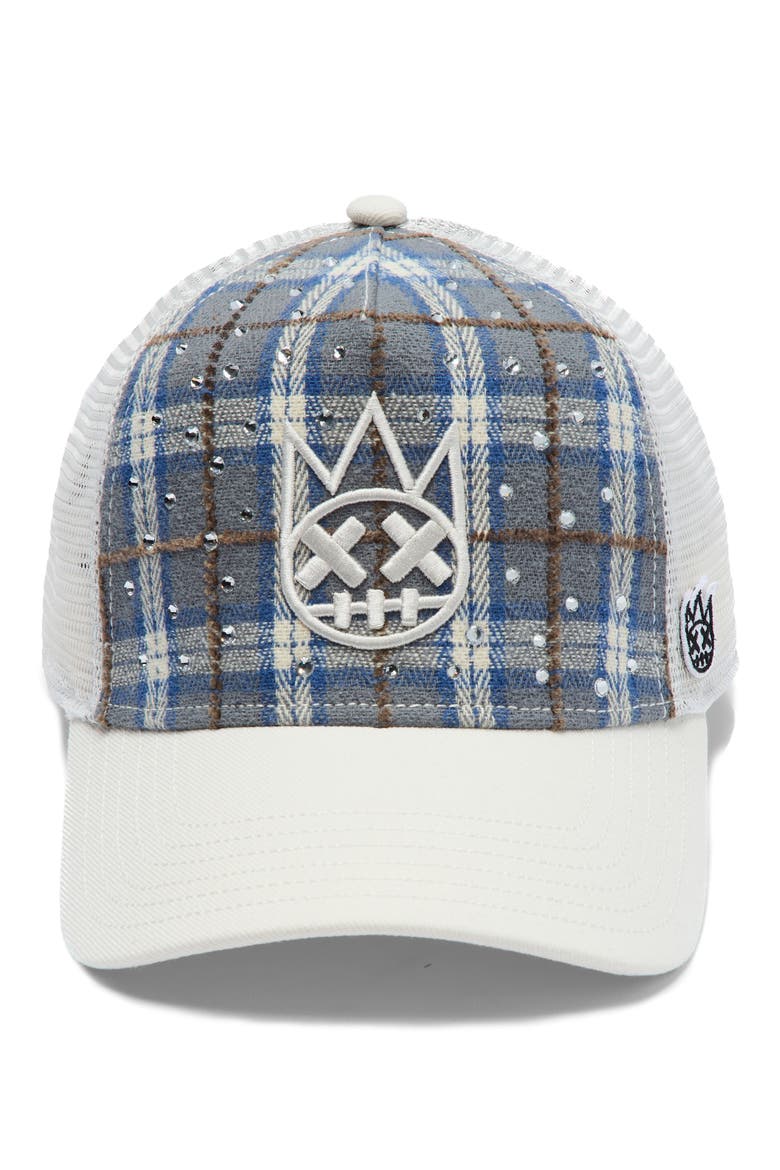 Shimuchan Logo Plaid Flannel Trucker Hat, Alternate, color, BLUE PLAID