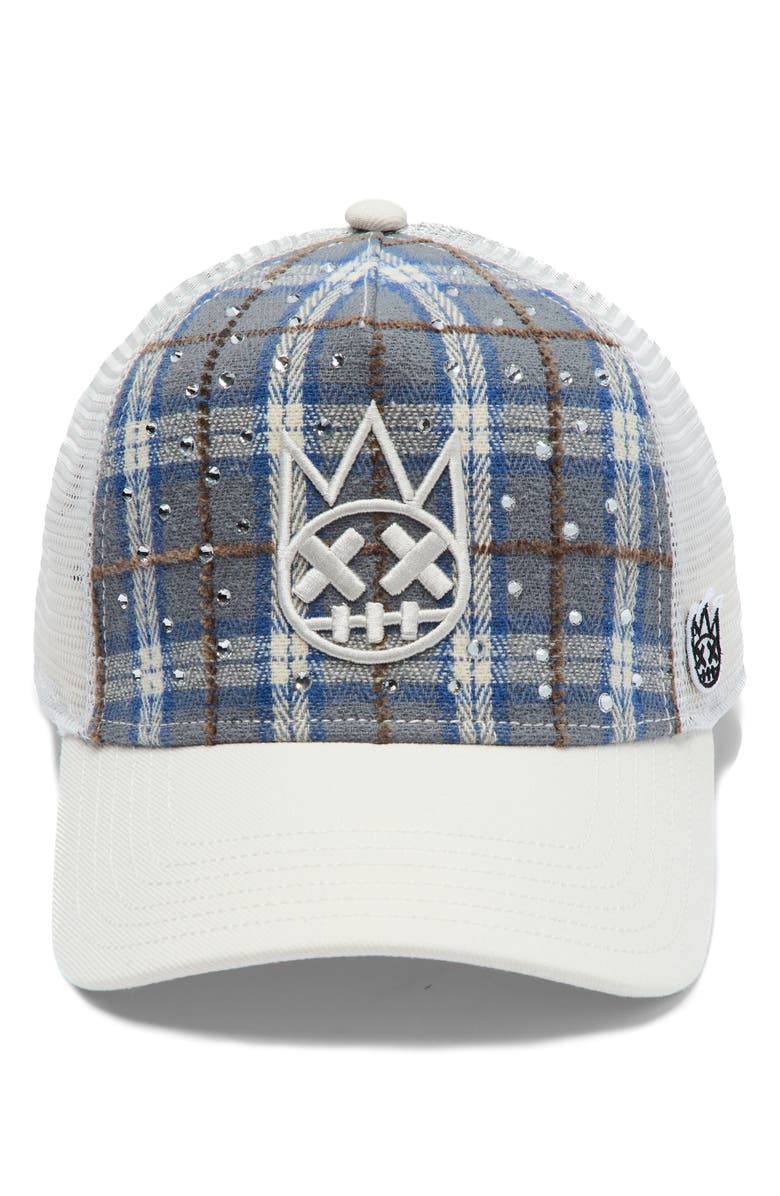 Cult of Individuality Shimuchan Logo Plaid Flannel Trucker Hat, Alternate, color, Blue Plaid