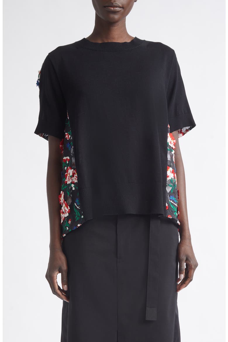 Mixed Media Embroidered Organza & Cotton Blend Pullover Sweater, Main, color, BLACK