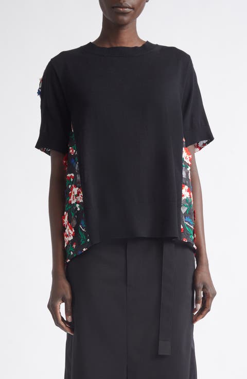 Mixed Media Embroidered Organza & Cotton Blend Pullover Sweater