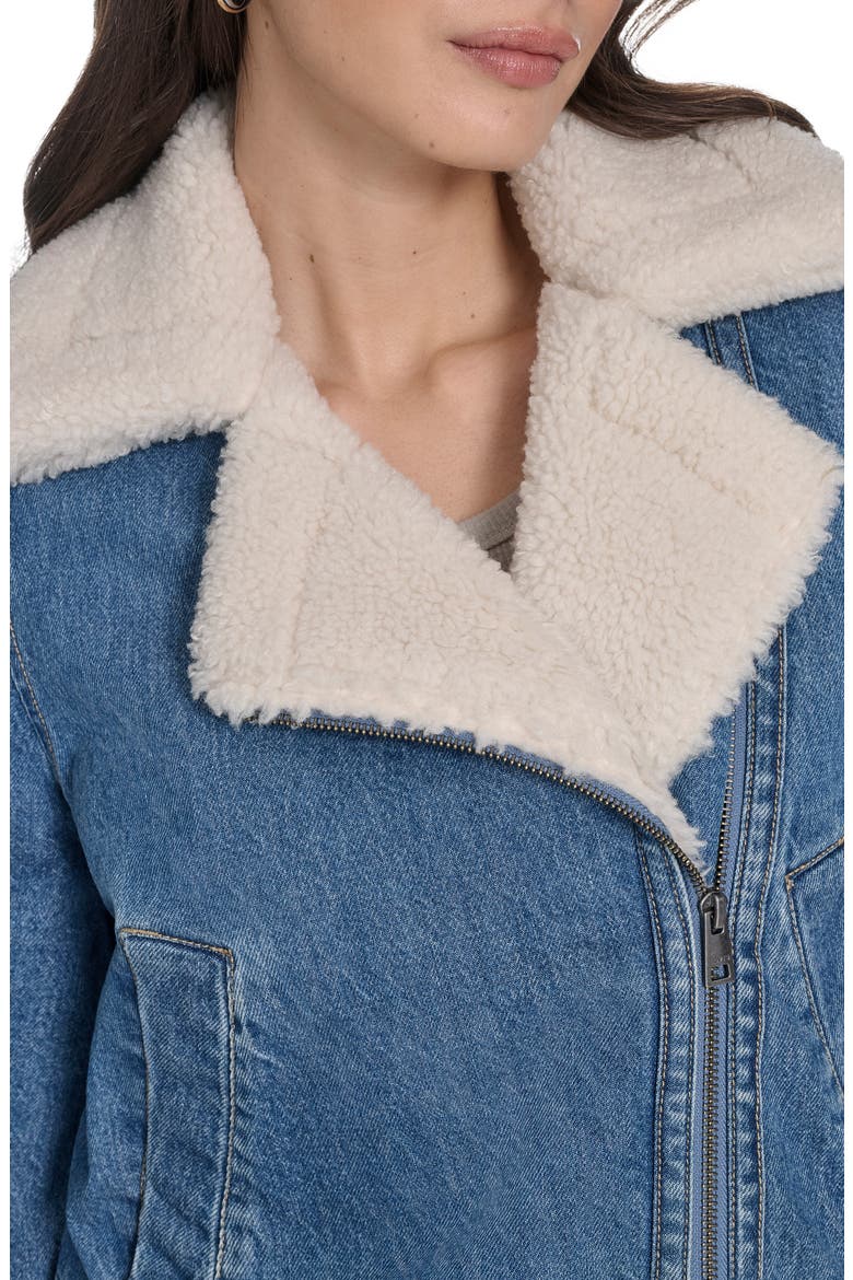 Faux Shearling Lined Denim Moto Jacket, Alternate, color, MEDIUM WASH DENIM