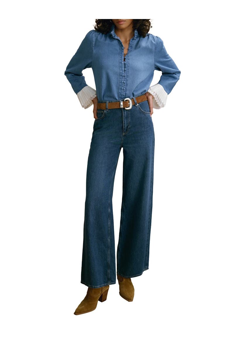 Denim Contrast Cuff Blouse, Alternate, color, Blue
