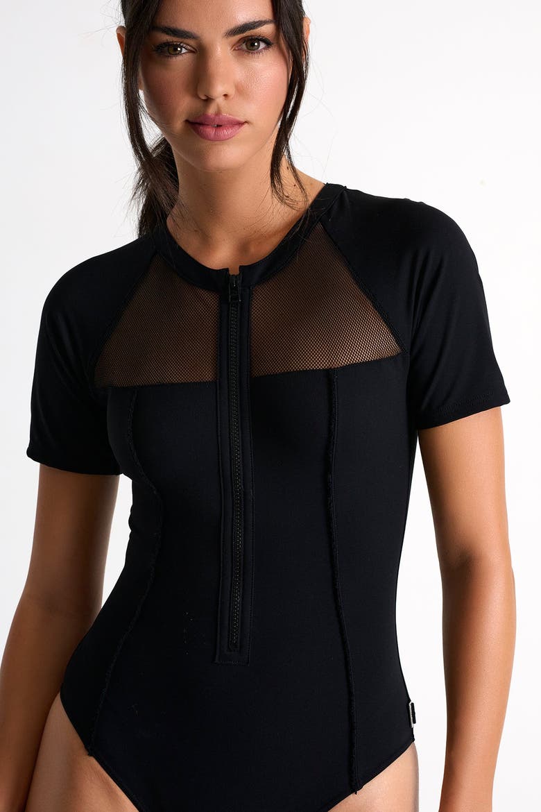 Zip-Up One-Piece Swimsuit, Alternate, color, Black
