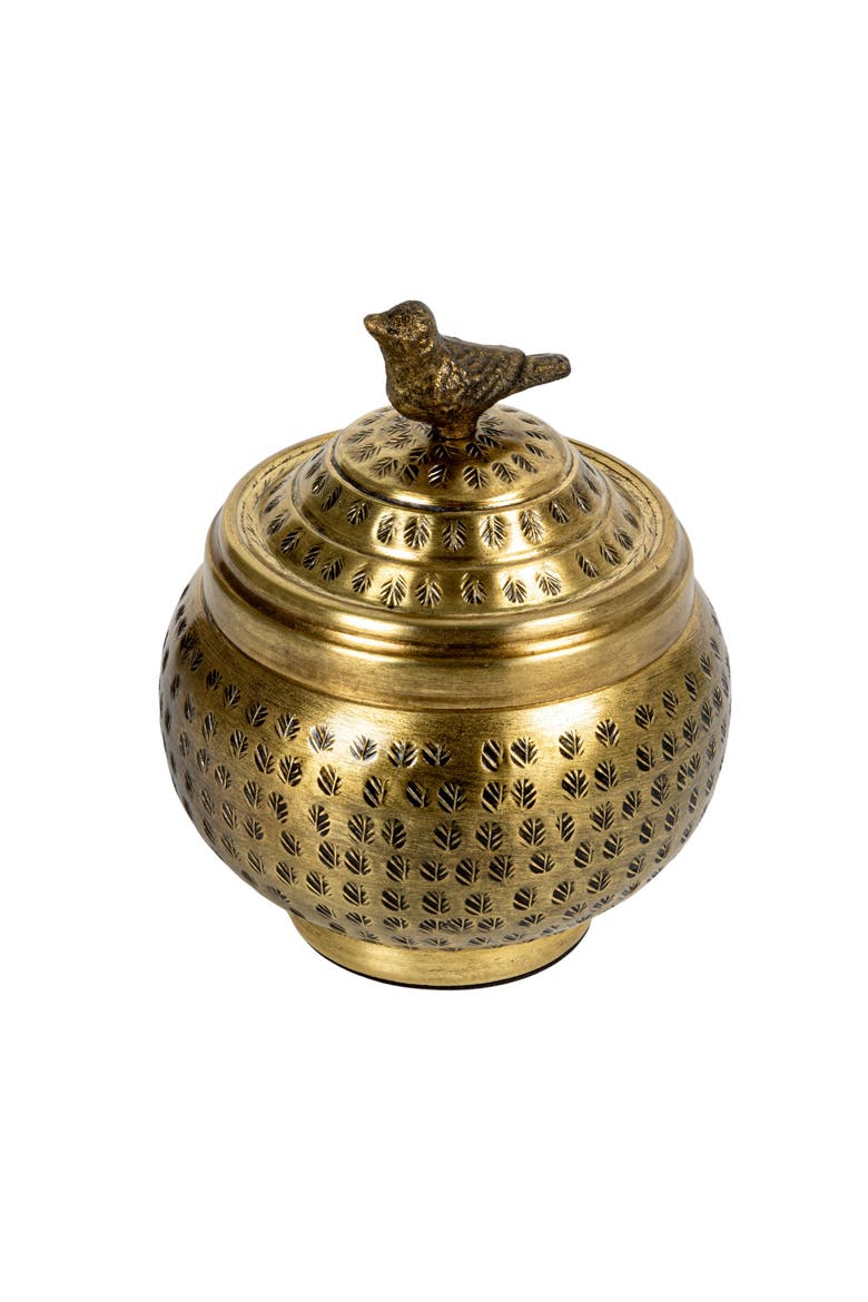 Round Hammered Metal Container with Bird Finial, Brass Finish, Main, color, Brass