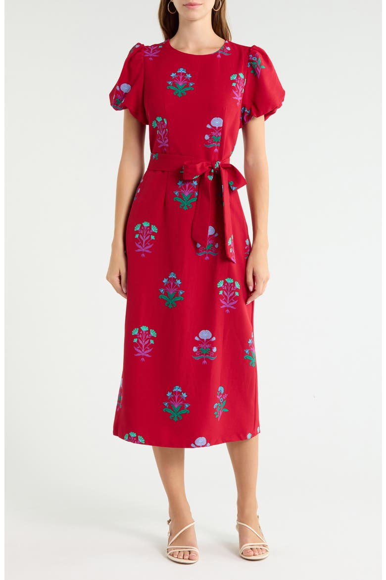 Senidy Puff Sleeve Midi Dress, Main, color, BURGUNDY-MULTI