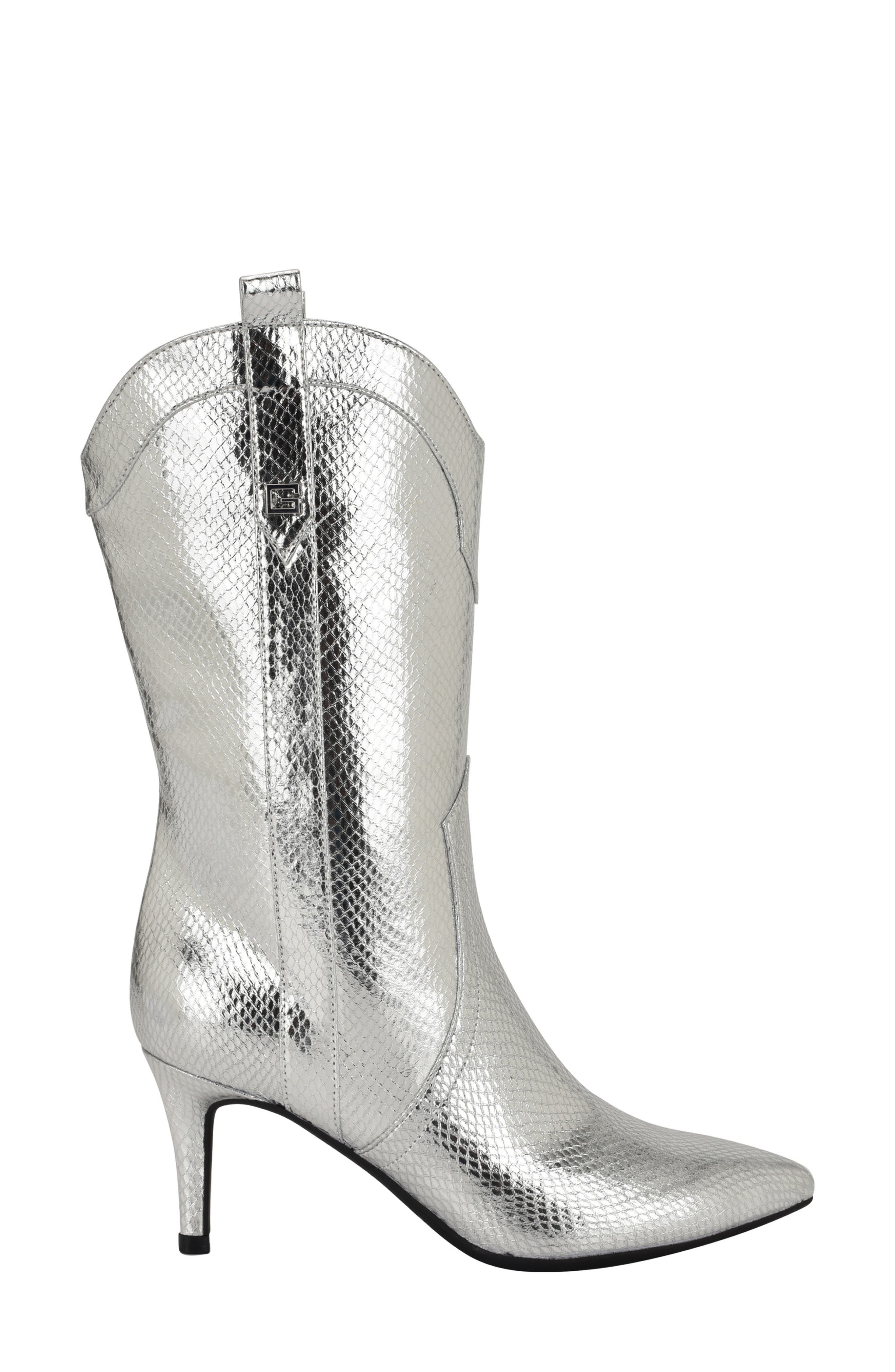 GUESS Wurlie Snakeskin Embossed Western Boot, Alternate, color, Silver