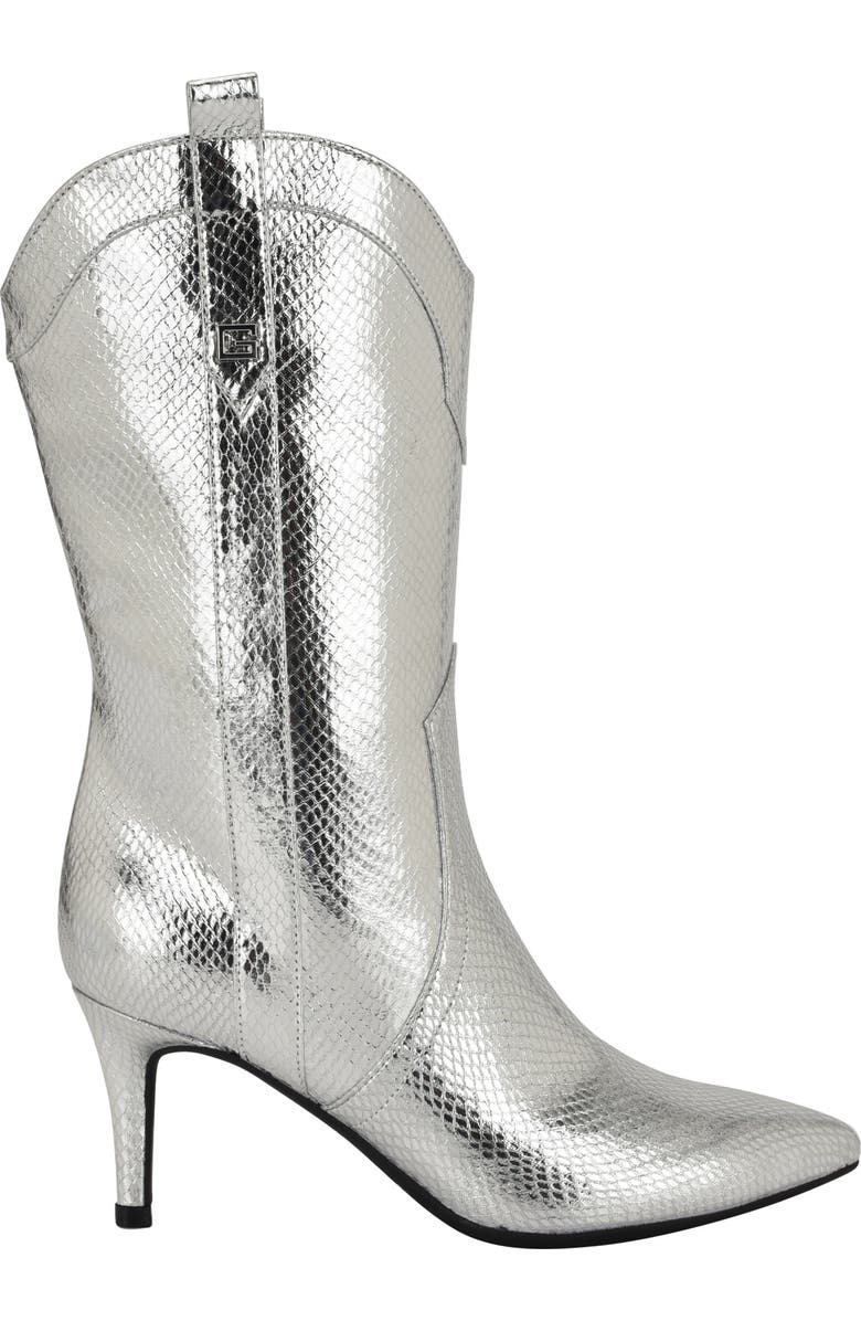 GUESS Wurlie Snakeskin Embossed Western Boot, Alternate, color, Silver