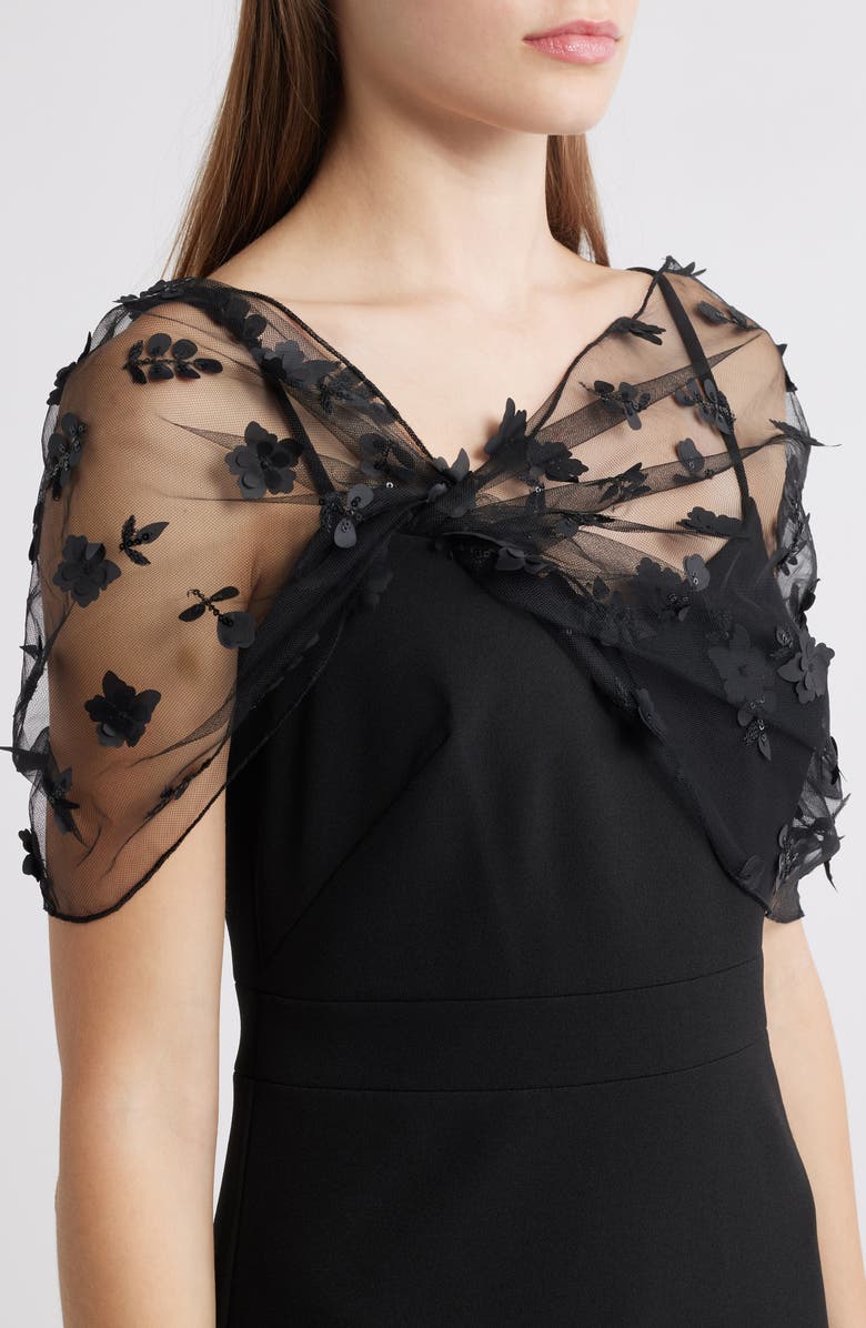 Eliza J Floral Beaded Appliqué Mesh Overlay Cocktail Dress, Alternate, color, Black