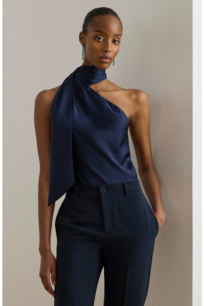 Tie Neck Asymmetric Charmeuse Halter Top, Alternate, color, REFINED NAVY BLUE