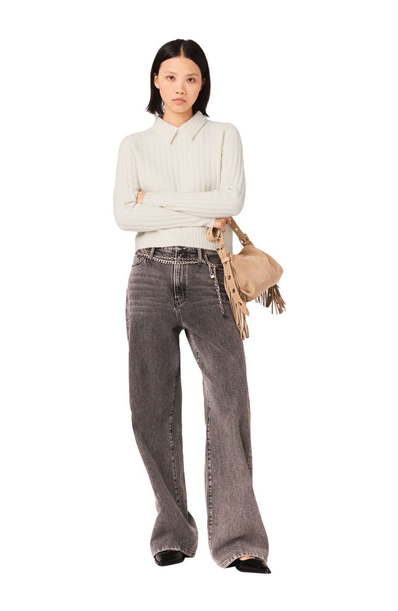 maje Pearl-collar ribbed sweater, Alternate, color, Ecru