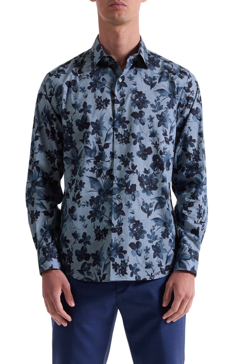 Bugatchi Julian Shaped Fit Floral Print Stretch Cotton Button-Up Shirt, Main, color, Cobalt