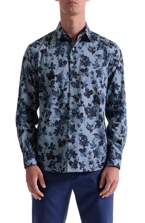 Julian Shaped Fit Floral Print Stretch Cotton Button-Up Shirt