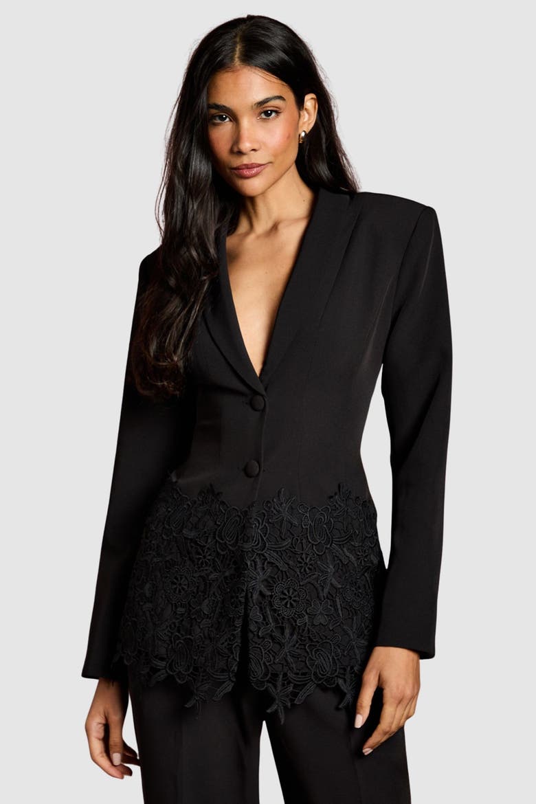 Single Breasted Embroidered Lace Blazer, Main, color, Black