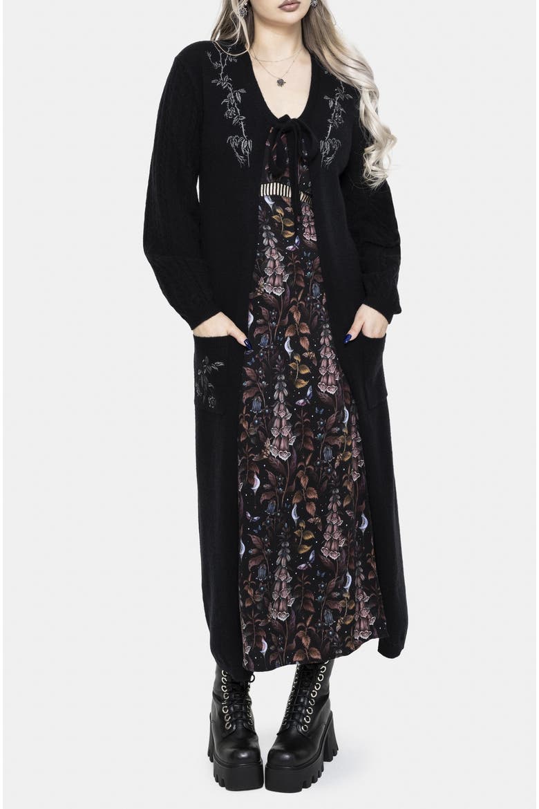 Rime Cable Knit Sleeve Longline Cardigan, Main, color, Black
