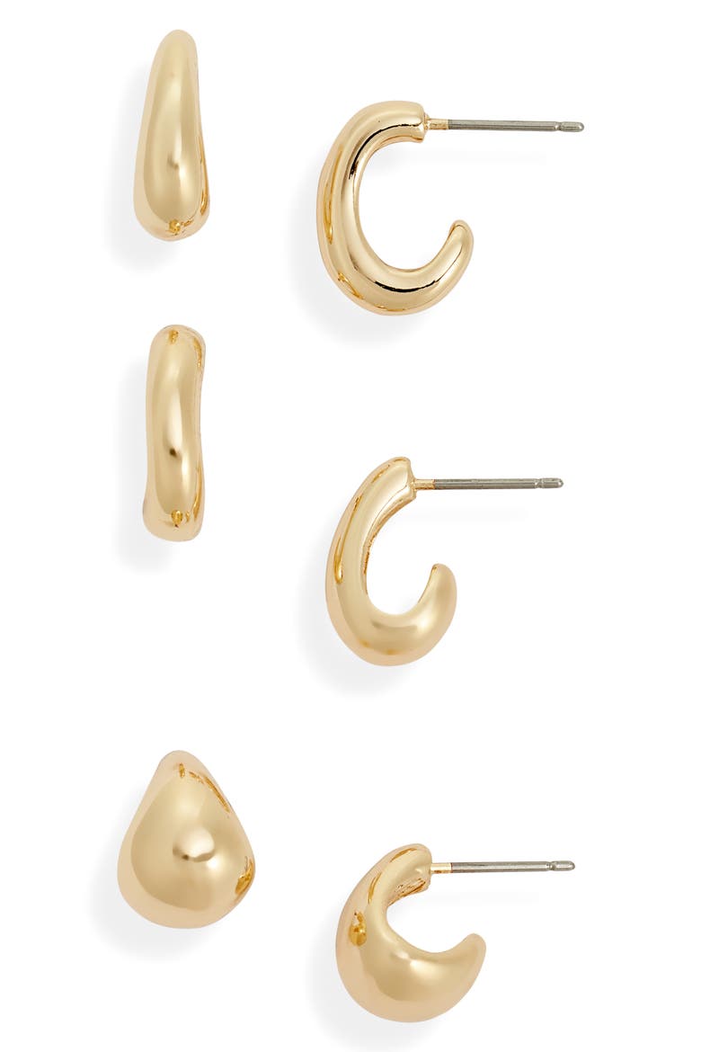 Set of 3 Puffed Huggie Hoop Earrings, Main, color, GOLD