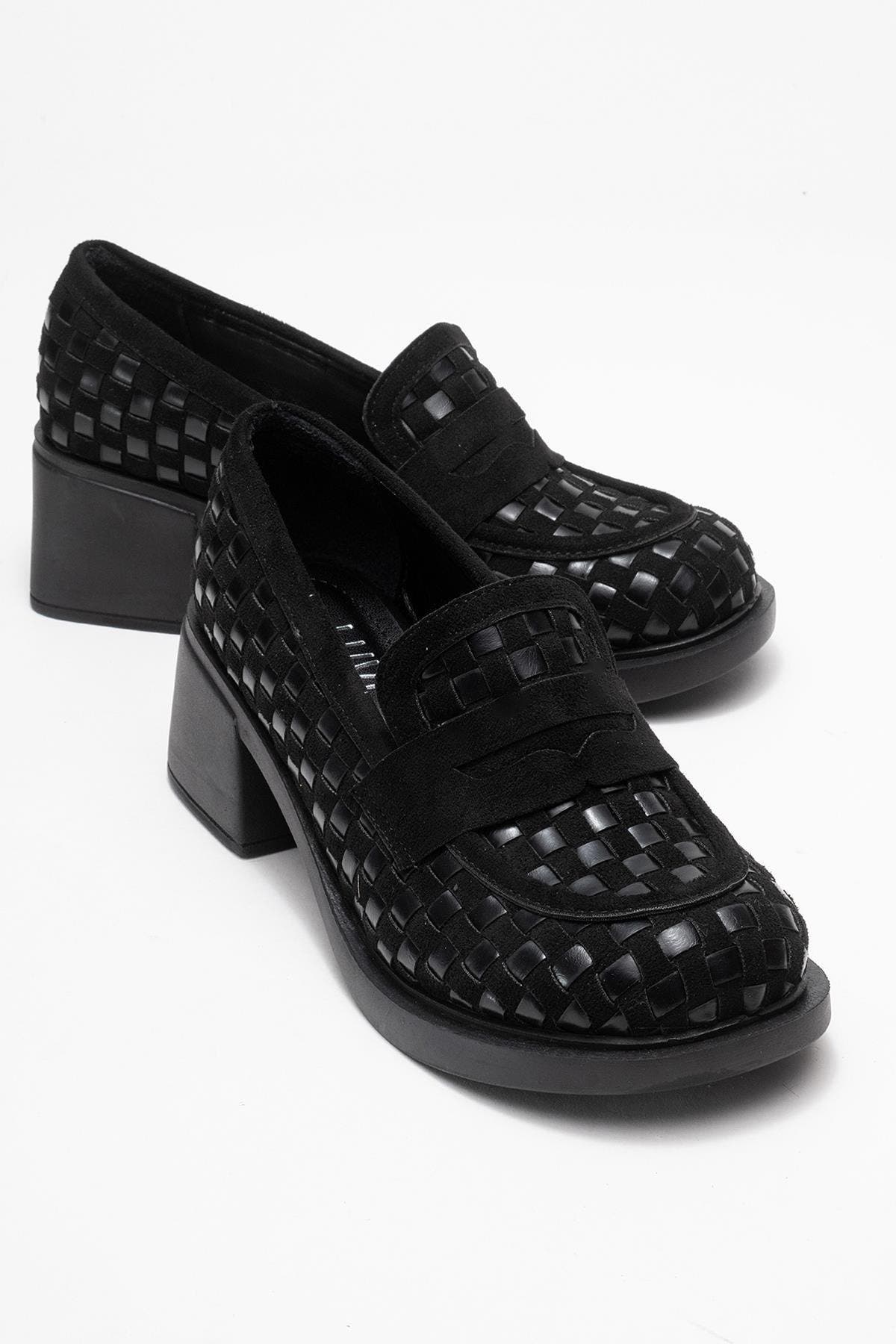 Prologue Shoes Marlon Woven Block Heel Loafer, Alternate, color, Black Faux Leather