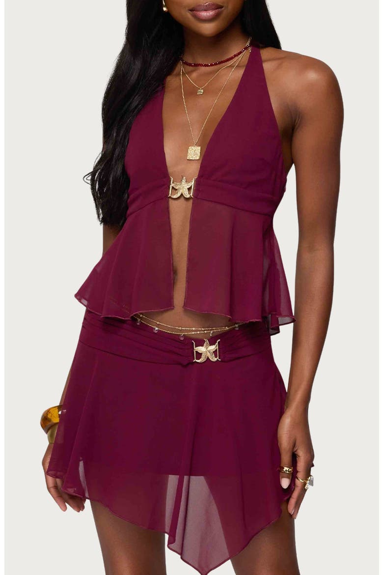 Sea Star Split Front Chiffon Halter Top, Main, color, BURGUNDY