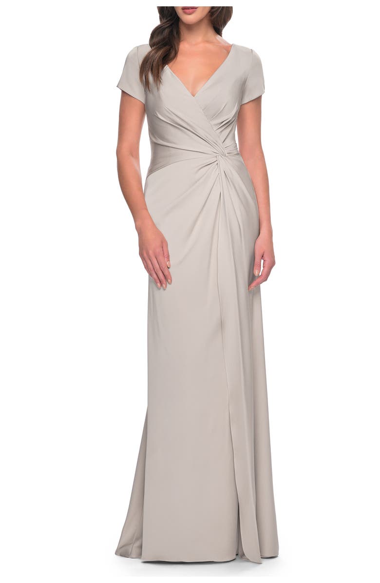 La Femme Elegant Evening Gown with V Neck and Knot, Main, color, Silver