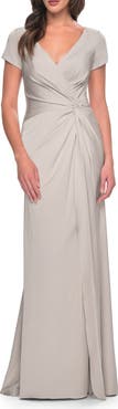 La Femme Elegant Evening Gown with V Neck and Knot