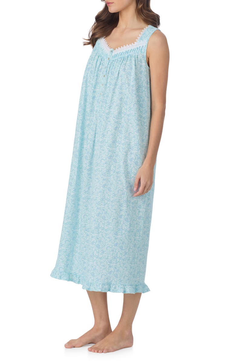 Eileen West Sleeveless Cotton Nightgown, Alternate, color, Aqua/ Prt